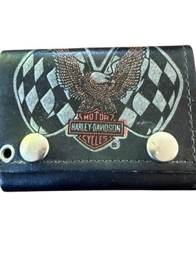 Vintage Harley Davidson Leather Trifold Wallet Black Made In USA Biker